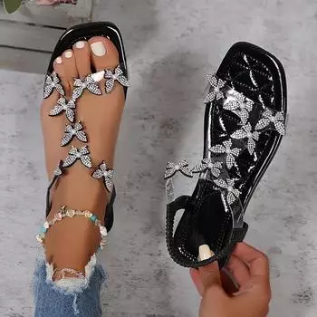 Женские сандалии на плоской подошве со стразами и бабочкой, повседневная летняя обувь с открытым носком, легкие сандалии на эластичной ленте 35 бежевый