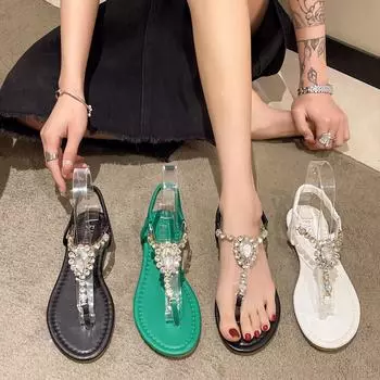 Женские сандалии на плоской подошве со стразами и Т-образным ремешком. Летние сандалии. Обувь. Повседневные нарядные сандалии для женщин. Нескользящие богемные пляжные шлепанцы с драгоценными камнями.