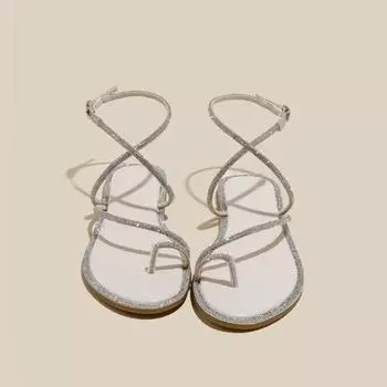 Женские сандалии на плоской подошве со стразами, мягкая подошва, универсальные женские туфли с ремешком на щиколотке, пряжкой и клипсой на носке, сандалии женские, сандалии для женщин 35 абрикосовый