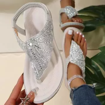 Женские сандалии на плоской подошве со сверкающими стразами — удобные и стильные, идеально подходят для повседневных летних прогулок 35