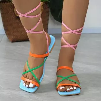 Женские сандалии на плоской подошве в тон, женские летние новые пляжные модные повседневные туфли на плоской подошве с открытым носком и перекрестными шнурками, черные римские сандалии 36 небесно-голубой