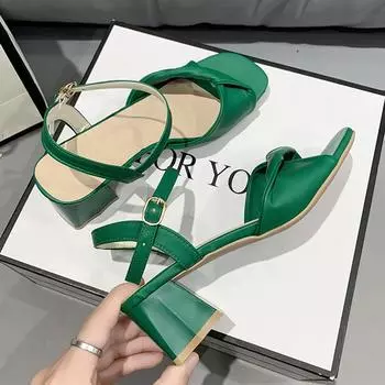 Женские сандалии на среднем каблуке, модная обувь на массивном каблуке, новые трендовые платья, туфли-лодочки с квадратным носком, весна-лето, повседневные женские тапочки с открытой пяткой