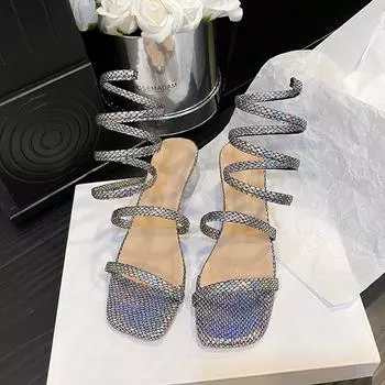 Женские сандалии на среднем каблуке со змеиным принтом, лето 2024, серебряные туфли-гладиаторы с ремешком на щиколотке с кристаллами, женские сандалии на прозрачном каблуке с квадратным носком 35
