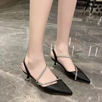 Женские сандалии на среднем каблуке в сказочном стиле с острым носком, черная роскошная дизайнерская летняя обувь на толстом высоком каблуке со стразами, 2024 г. 34 чёрный