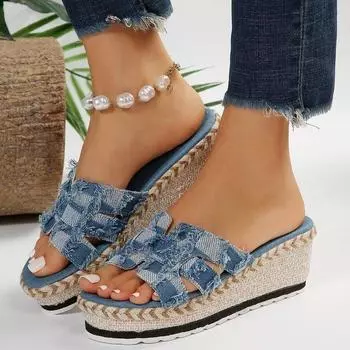Женские сандалии на танкетке для отдыха, серпантиновые сандалии на танкетке, новые летние сандалии, вечерние туфли на платформе Sandalias 36 синий