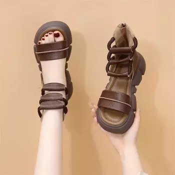 Женские сандалии на танкетке из искусственной кожи, повседневные сандалии с молнией сзади и открытым носком, дышащие прогулочные туфли с высоким берцем и круглым носком для женщин, сандалии-ботинки 35 коричневый