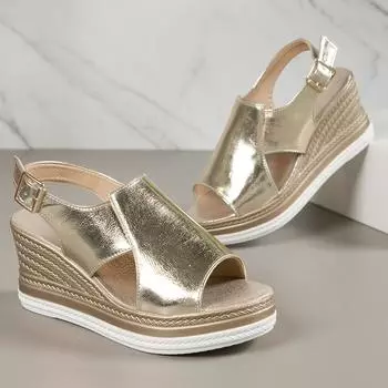 Женские сандалии на танкетке из искусственной кожи золотого и серебряного цвета, летние сандалии на платформе с открытым носком, женские сандалии больших размеров на толстой подошве Sandalias Mujer 37 серебряный