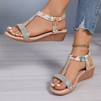 Женские сандалии на танкетке, летние повседневные сандалии на платформе в богемном стиле со стразами, женская уличная пляжная обувь с открытым носком 35 чёрный