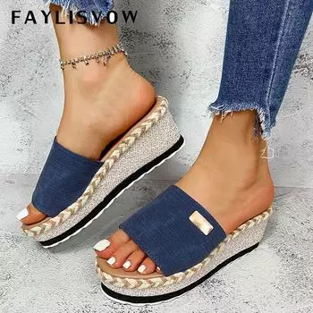 Женские сандалии на танкетке, летние повседневные шлепанцы на толстой подошве, женская обувь, женские шлепанцы на платформе 42 синий
