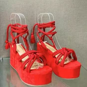 Женские сандалии на танкетке, лето 2022, дизайнерская обувь с ремешком на щиколотке, сандалии с открытым носком, женская модная повседневная обувь для вечеринок 35 красный
