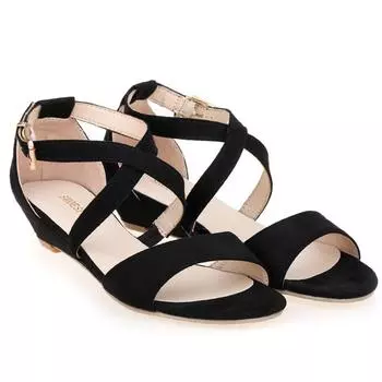 Женские сандалии на танкетке с бархатным носком и ремешком на щиколотке, 30 мм, повседневные туфли-лодочки для вечеринок 35 чёрный