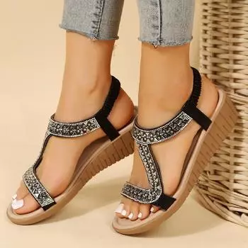 Женские сандалии на танкетке с кристаллами, новые летние туфли на плоской подошве, массивные тапочки, повседневная пляжная обувь, дизайнерская обувь, богемные шлепанцы для прогулок 37 золотой