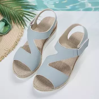 Женские сандалии на танкетке с открытым носком, летние сандалии больших размеров для женщин, однотонная уличная женская повседневная обувь в стиле ретро 36