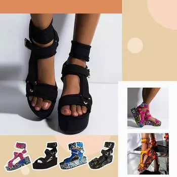 Женские сандалии на танкетке, сандалии с пряжкой на носке, летние пляжные сандалии, обувь с открытым носком 35 чёрный