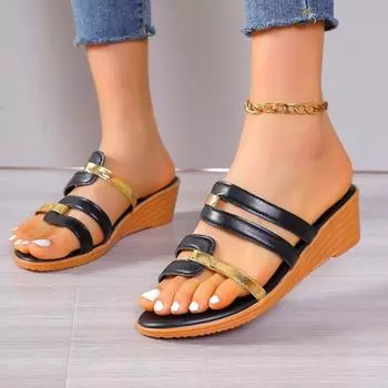 Женские сандалии на танкетке, светло-коричневые женские летние повседневные женские сандалии для плавания из блестящей кожи на толстой подошве, пляжные сандалии на большом каблуке 35