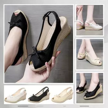 Женские сандалии на танкетке, удобная повседневная обувь с открытым носком и плетением из пеньковой веревки 35 бежевый