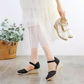 Женские сандалии на танкетке в сетку Baotou Классические женские льняные сандалии с пряжкой 42 чёрный