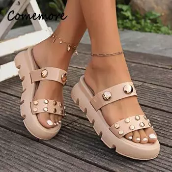 Женские сандалии на толстой подошве, тапочки на высоком каблуке, новые летние шлепанцы, пляжные сандалии, женские дизайнерские новые туфли на шпильках для вечеринки 36 абрикосовый