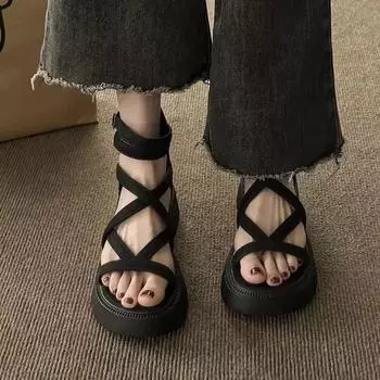 Женские сандалии на толстой подошве, женские новые туфли с открытым носком, модные повседневные сандалии, женские дизайнерские римские туфли на плоской подошве, новинка лета 36 чёрный
