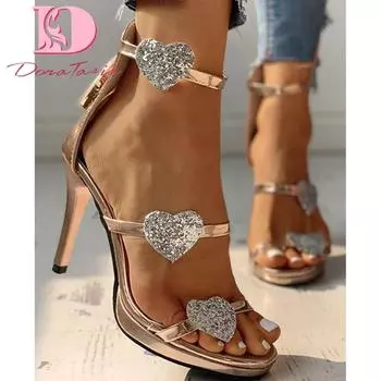 Женские сандалии на тонком высоком каблуке, модные летние сандалии с сердечками, женские вечерние пикантные туфли 2021, женская обувь 40 чёрный