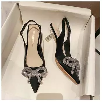 Женские сандалии на высоком каблуке, обувь с пикантным бантом, весна/лето, новая темпераментная повседневная обувь из разноцветной ткани со стразами и стразами 39 абрикосовый