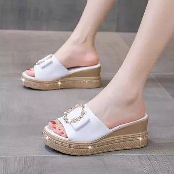 Женские сандалии на высоком каблуке, повседневная обувь на толстой подошве, женские летние сандалии на танкетке для отдыха, женская обувь, женские современные тапочки на платформе 35