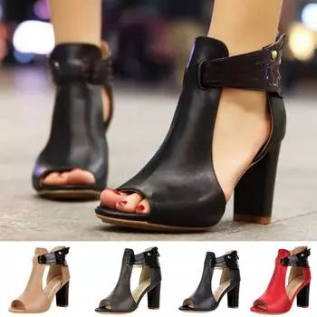 Женские сандалии на высоком каблуке с молнией и рыбьим ртом, кожаные короткие сапоги, одинарные туфли 35 чёрный