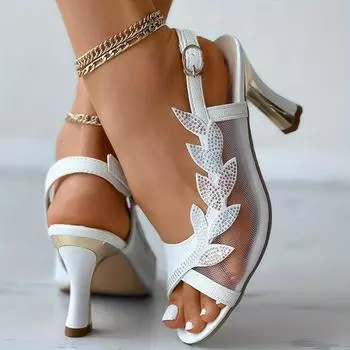 Женские сандалии на высоком каблуке в сетку, модные туфли с открытым носком и пряжкой на пятке, универсальные модельные сандалии 36 белый