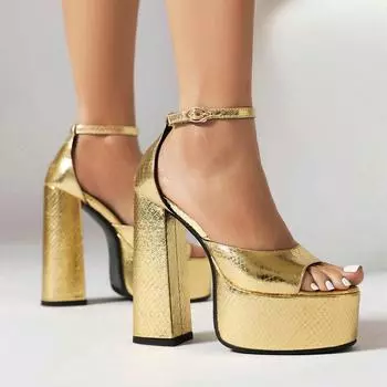 Женские сандалии на высоком каблуке. Женские сандалии на очень высоком каблуке на платформе. Летняя обувь. 37 золотой