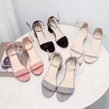 Женские сандалии, новинка 2023 года, летние стильные однотонные сандалии на толстом каблуке с пряжкой и ремешком, женские сандалии «рыбий рот» 34 чёрный