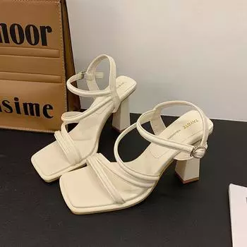 Женские сандалии, новые летние модные простые женские сандалии с квадратной головкой и тонким ремешком на толстом каблуке и открытым носком, одна линия с пряжкой 34