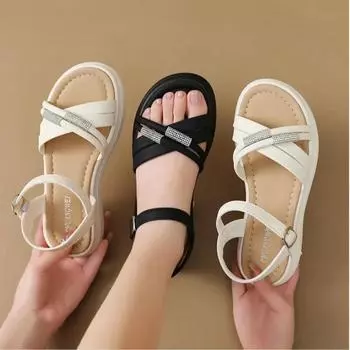Женские сандалии, новые летние модные с открытым носком, с перекрестными ремешками, удобные, с толстым дном, с пряжкой, белые сандалии для женщин 35 бежевый