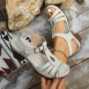 Женские сандалии, новые однотонные сандалии с пряжкой на высоком каблуке для отдыха, женские удобные нескользящие туфли больших размеров для вечеринок 36