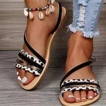 Женские сандалии, новые шлепанцы лета 2024, повседневные римские пляжные туфли ярких цветов на плоской подошве больших размеров 36 чёрный