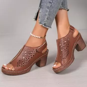 Женские сандалии Ретро Сандалии с толстым каблуком и открытым носком Новая летняя обувь для женщин Сандалии на среднем каблуке Модные полые сандалии Женские 36