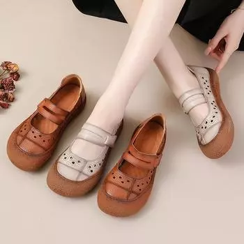 Женские сандалии ручной работы из кожи в стиле ретро - лето 2025 г., плоские, дышащие, мягкая подошва, полый дизайн 41 коричневый