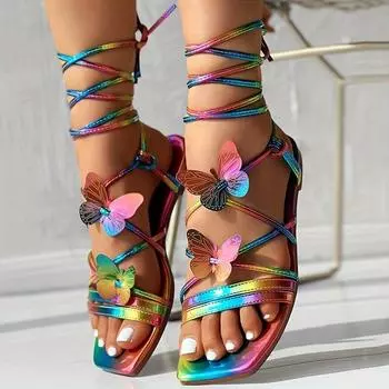 Женские сандалии с 3D-бабочкой, легкая отпускная обувь на плоской подошве с перекрещенными ремешками, пляжная обувь с пяткой на пятке 36 разноцветный