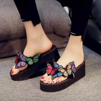 Женские сандалии с бабочками, летние шлепанцы на танкетке, богемные пляжные повседневные тапочки на платформе, женские тапочки 36 белый