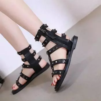 Женские сандалии с боковой молнией на плоской подошве, летние повседневные с открытым носком, модные универсальные римские туфли 35 чёрный
