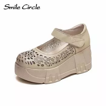 Женские сандалии с круглым носком и пряжкой на массивном каблуке из натуральной кожи, туфли в стиле ретро с полой толстой подошвой 35 бежевый