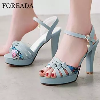 Женские сандалии с круглым носком на массивном высоком каблуке с пряжкой на платформе, пикантная женская модная обувь для вечеринок, летняя черная, белая, синяя 43
