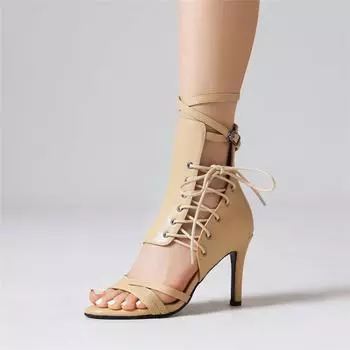 Женские сандалии с круглым носком на тонком высоком каблуке с пряжкой на шнуровке и молнией, пикантные удобные ботинки, женская модная обувь, летняя обувь Balck 46 33 бежевый