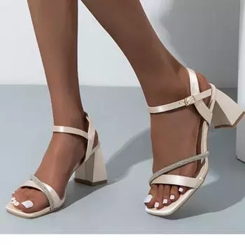 Женские сандалии с квадратным носком на толстом высоком каблуке с пряжкой и кристаллами, лаконичная женская модная повседневная обувь, летняя черная абрикосовая обувь 42 37 миндальный