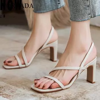 Женские сандалии с квадратным носком на толстом высоком каблуке с узким ремешком, пикантные брендовые дизайны, женская модная карьерная обувь, летняя абрикосово-черная обувь 35 миндальный