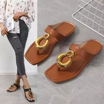 Женские сандалии с металлическим дизайном, модные шлепанцы, сандалии на плоской подошве, римская винтажная летняя обувь, модные повседневные сандалии 35 чёрный