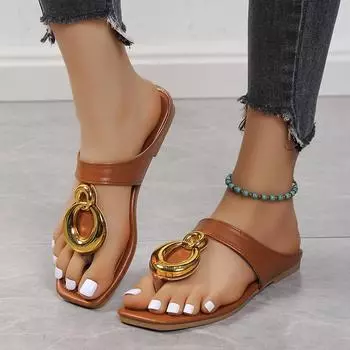 Женские сандалии с металлическим дизайном, модные шлепанцы, сандалии на плоской подошве в римском стиле, винтажная летняя обувь, хит продаж, модные повседневные брендовые сандалии 36 чёрный