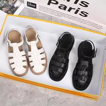 Женские сандалии с металлической пряжкой 2024 года, летние корейские модные повседневные сандалии на плоской подошве, простые универсальные женские сандалии на платформе 35 чёрный