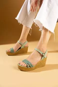 Женские сандалии с одинарной соломенной подошвой и пряжкой на танкетке 68-340-24WaterGreen