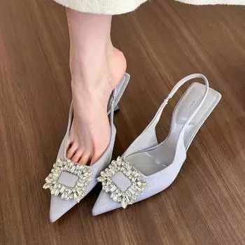 Женские сандалии с острым носком, Новое поступление 2024 года, летние модельные туфли со стразами, женские вечерние мюли на тонком высоком каблуке с эластичной лентой 39 серый