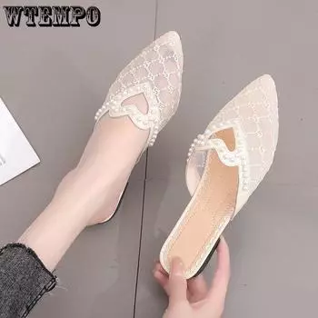 Женские сандалии с острым носком, женская дышащая обувь на плоской подошве с сетчатым верхом, универсальные нескользящие сандалии на низком каблуке с жемчугом 35 зелёный